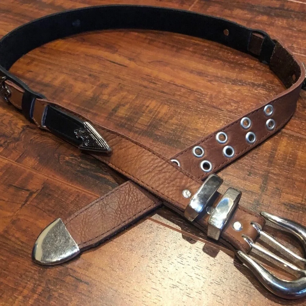 Vintage Black Brown Size M 32 Leather Southwestern Silvertone Hardware B…